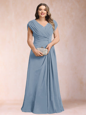 A-Line/Princess V-Neck Chiffon Ruched Plus Size Mother of the Bride Dresses with Appliques & Beading