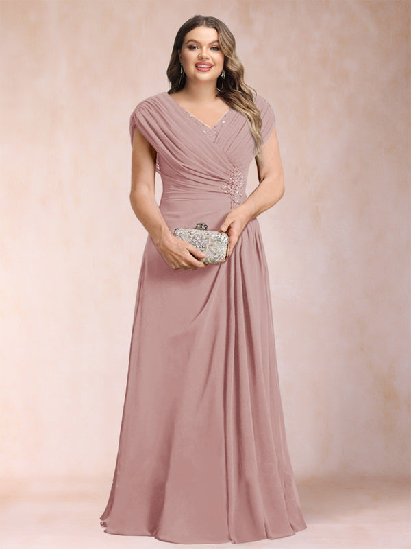 A-Line/Princess V-Neck Chiffon Ruched Plus Size Mother of the Bride Dresses with Appliques & Beading