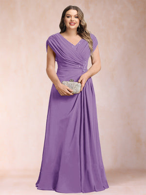 A-Line/Princess V-Neck Chiffon Ruched Plus Size Mother of the Bride Dresses with Appliques & Beading
