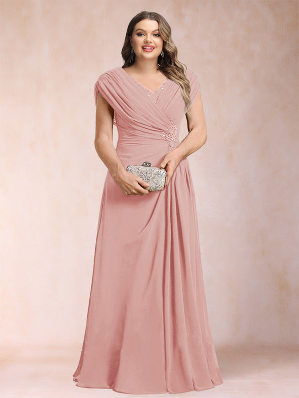 A-Line/Princess V-Neck Chiffon Ruched Plus Size Mother of the Bride Dresses with Appliques & Beading
