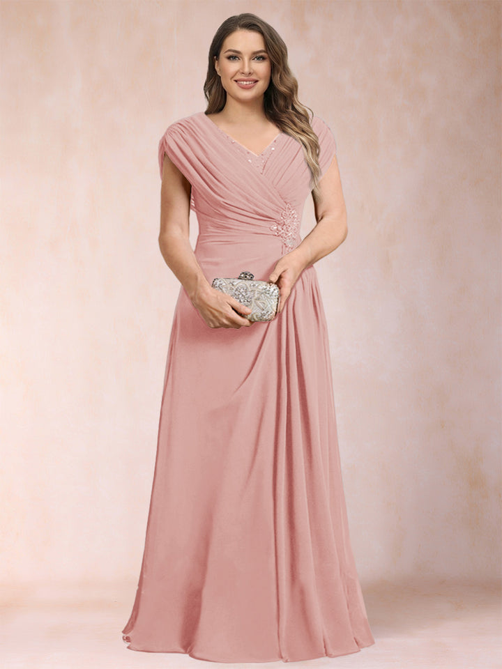 A-Line/Princess V-Neck Chiffon Ruched Plus Size Mother of the Bride Dresses with Appliques &amp; Beading