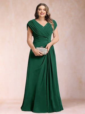 A-Line/Princess V-Neck Chiffon Ruched Plus Size Mother of the Bride Dresses with Appliques & Beading