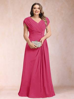 A-Line/Princess V-Neck Chiffon Ruched Plus Size Mother of the Bride Dresses with Appliques & Beading