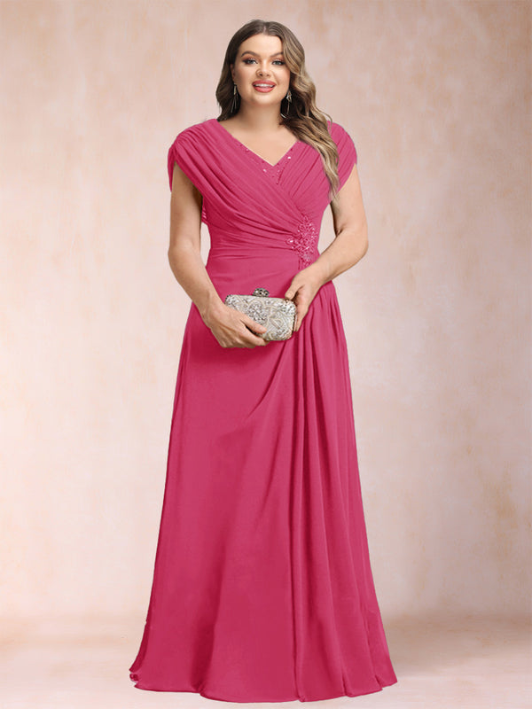 A-Line/Princess V-Neck Chiffon Ruched Plus Size Mother of the Bride Dresses with Appliques & Beading