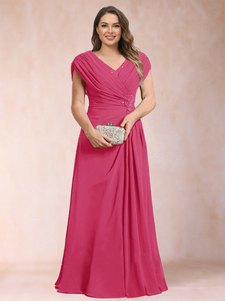 A-Line/Princess V-Neck Chiffon Ruched Plus Size Mother of the Bride Dresses with Appliques &amp; Beading
