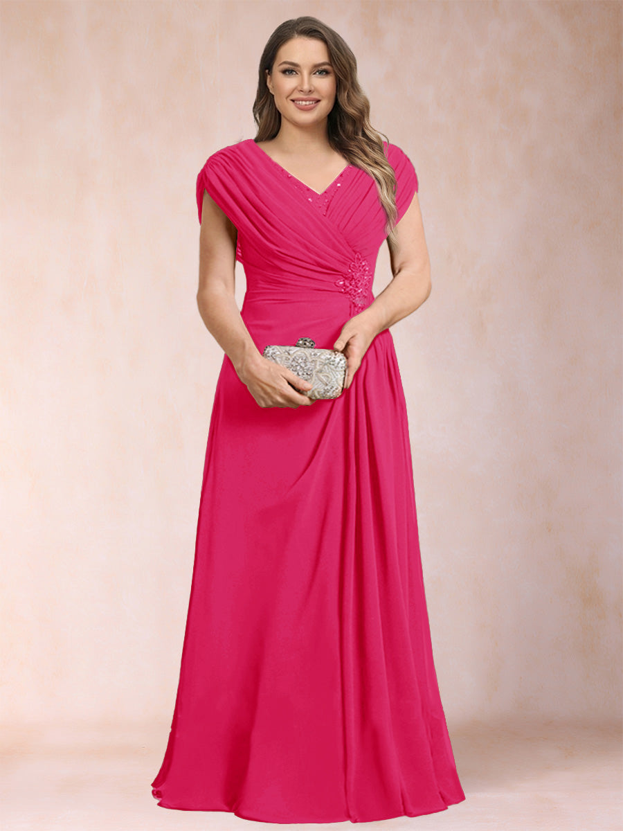 A-Line/Princess V-Neck Chiffon Ruched Plus Size Mother of the Bride Dresses with Appliques &amp; Beading