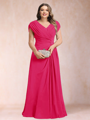 A-Line/Princess V-Neck Chiffon Ruched Plus Size Mother of the Bride Dresses with Appliques & Beading