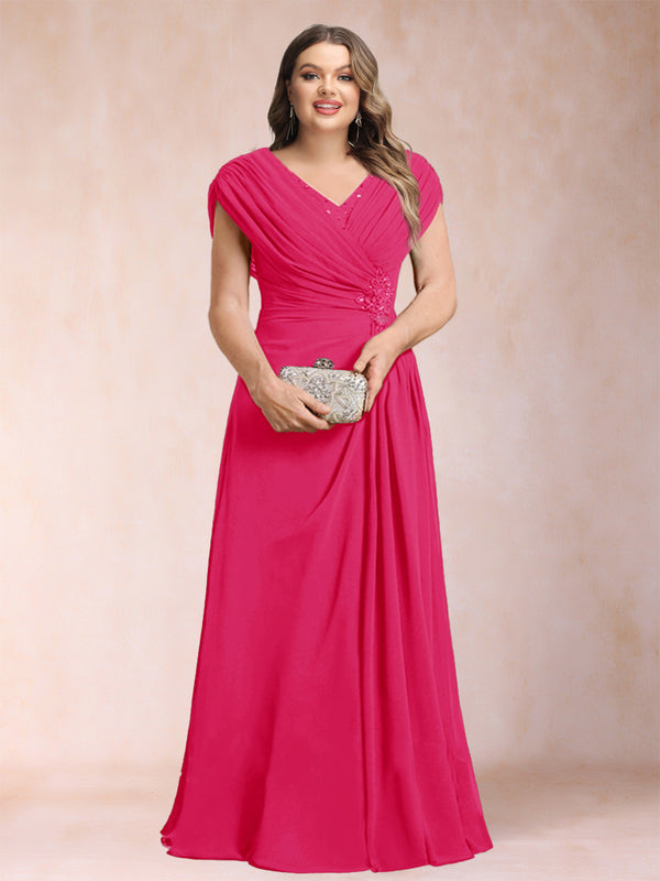 A-Line/Princess V-Neck Chiffon Ruched Plus Size Mother of the Bride Dresses with Appliques & Beading