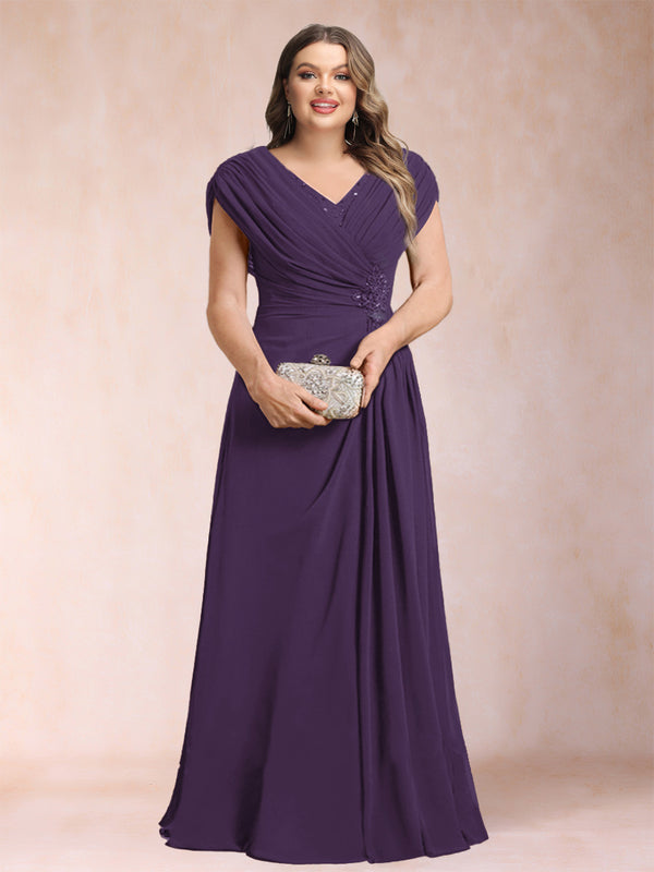 A-Line/Princess V-Neck Chiffon Ruched Plus Size Mother of the Bride Dresses with Appliques & Beading
