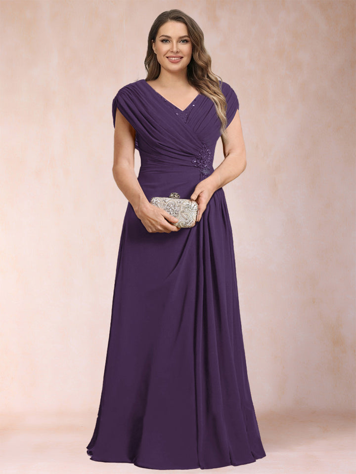 A-Line/Princess V-Neck Chiffon Ruched Plus Size Mother of the Bride Dresses with Appliques &amp; Beading
