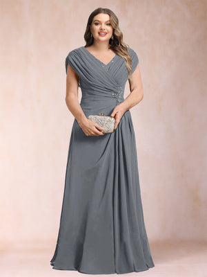 A-Line/Princess V-Neck Chiffon Ruched Plus Size Mother of the Bride Dresses with Appliques & Beading