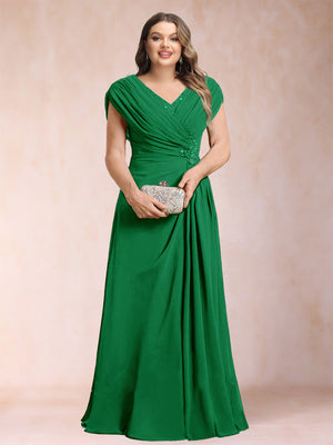 A-Line/Princess V-Neck Chiffon Ruched Plus Size Mother of the Bride Dresses with Appliques & Beading