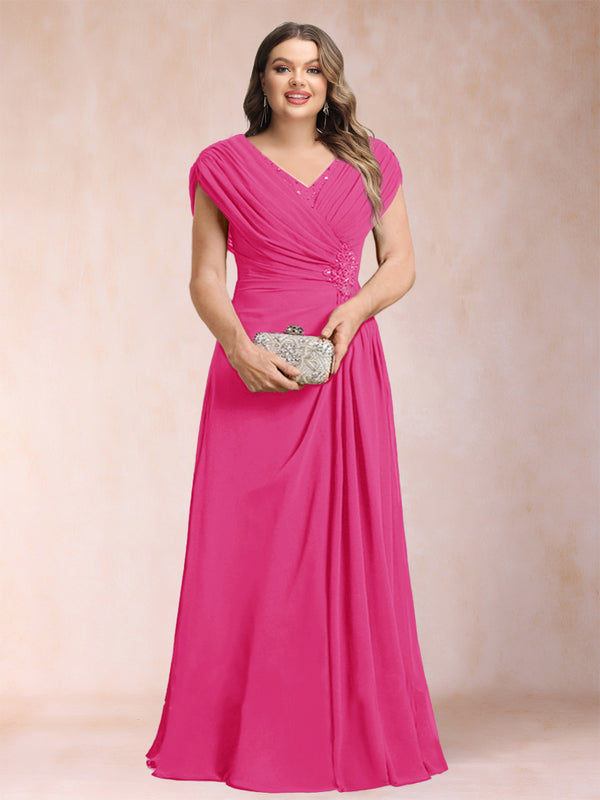 A-Line/Princess V-Neck Chiffon Ruched Plus Size Mother of the Bride Dresses with Appliques & Beading