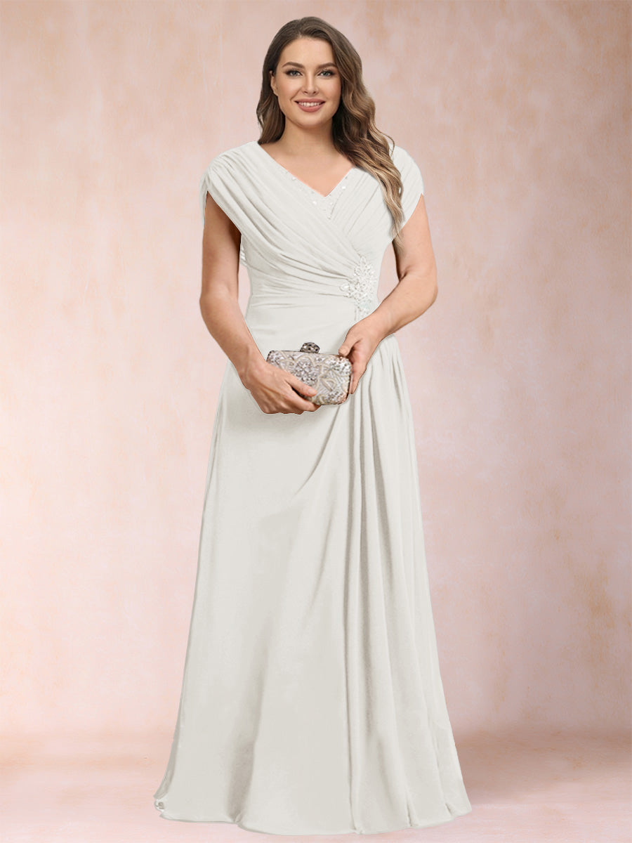 A-Line/Princess V-Neck Chiffon Ruched Plus Size Mother of the Bride Dresses with Appliques &amp; Beading