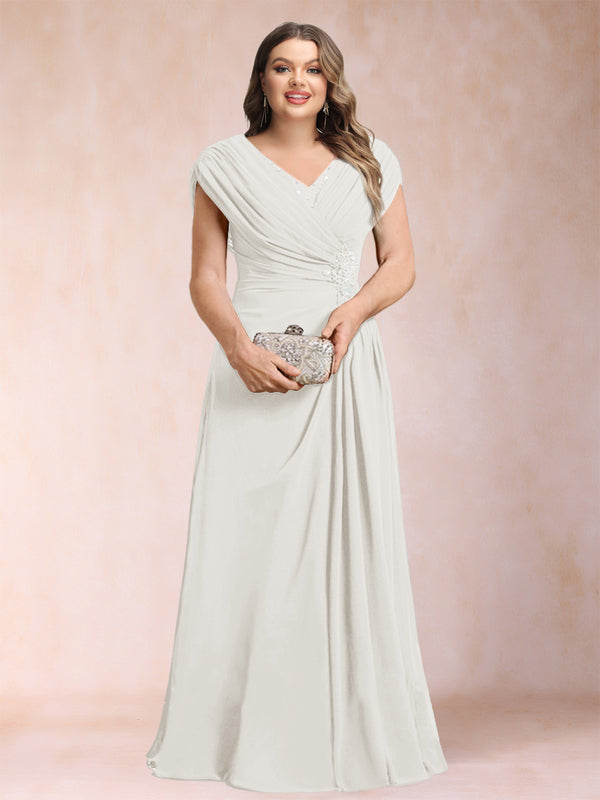 A-Line/Princess V-Neck Chiffon Ruched Plus Size Mother of the Bride Dresses with Appliques & Beading