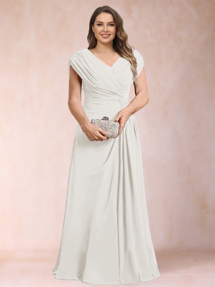 A-Line/Princess V-Neck Chiffon Ruched Plus Size Mother of the Bride Dresses with Appliques &amp; Beading