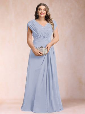 A-Line/Princess V-Neck Chiffon Ruched Plus Size Mother of the Bride Dresses with Appliques & Beading