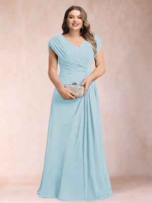 A-Line/Princess V-Neck Chiffon Ruched Plus Size Mother of the Bride Dresses with Appliques & Beading