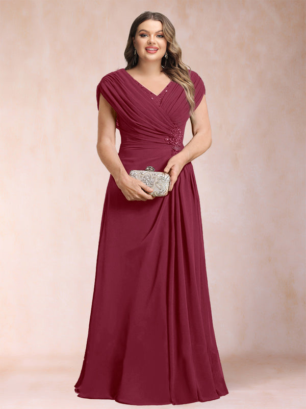 A-Line/Princess V-Neck Chiffon Ruched Plus Size Mother of the Bride Dresses with Appliques & Beading
