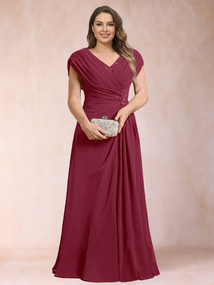A-Line/Princess V-Neck Chiffon Ruched Plus Size Mother of the Bride Dresses with Appliques &amp; Beading