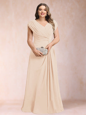A-Line/Princess V-Neck Chiffon Ruched Plus Size Mother of the Bride Dresses with Appliques & Beading