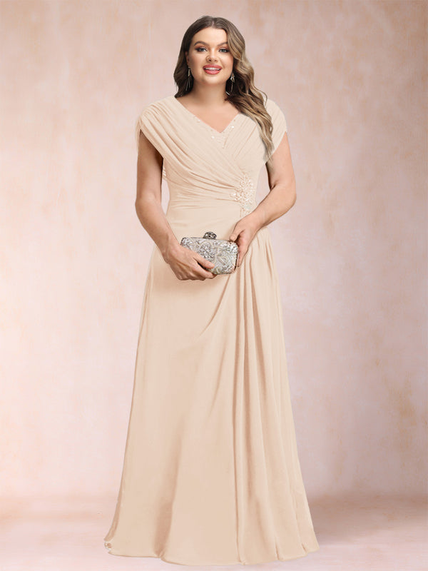 A-Line/Princess V-Neck Chiffon Ruched Plus Size Mother of the Bride Dresses with Appliques & Beading