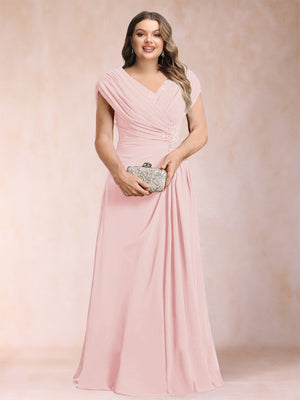 A-Line/Princess V-Neck Chiffon Ruched Plus Size Mother of the Bride Dresses with Appliques & Beading