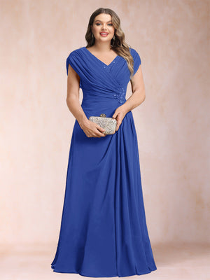 A-Line/Princess V-Neck Chiffon Ruched Plus Size Mother of the Bride Dresses with Appliques & Beading