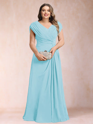 A-Line/Princess V-Neck Chiffon Ruched Plus Size Mother of the Bride Dresses with Appliques & Beading