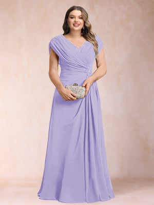 A-Line/Princess V-Neck Chiffon Ruched Plus Size Mother of the Bride Dresses with Appliques & Beading