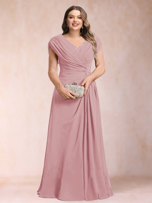 A-Line/Princess V-Neck Chiffon Ruched Plus Size Mother of the Bride Dresses with Appliques & Beading