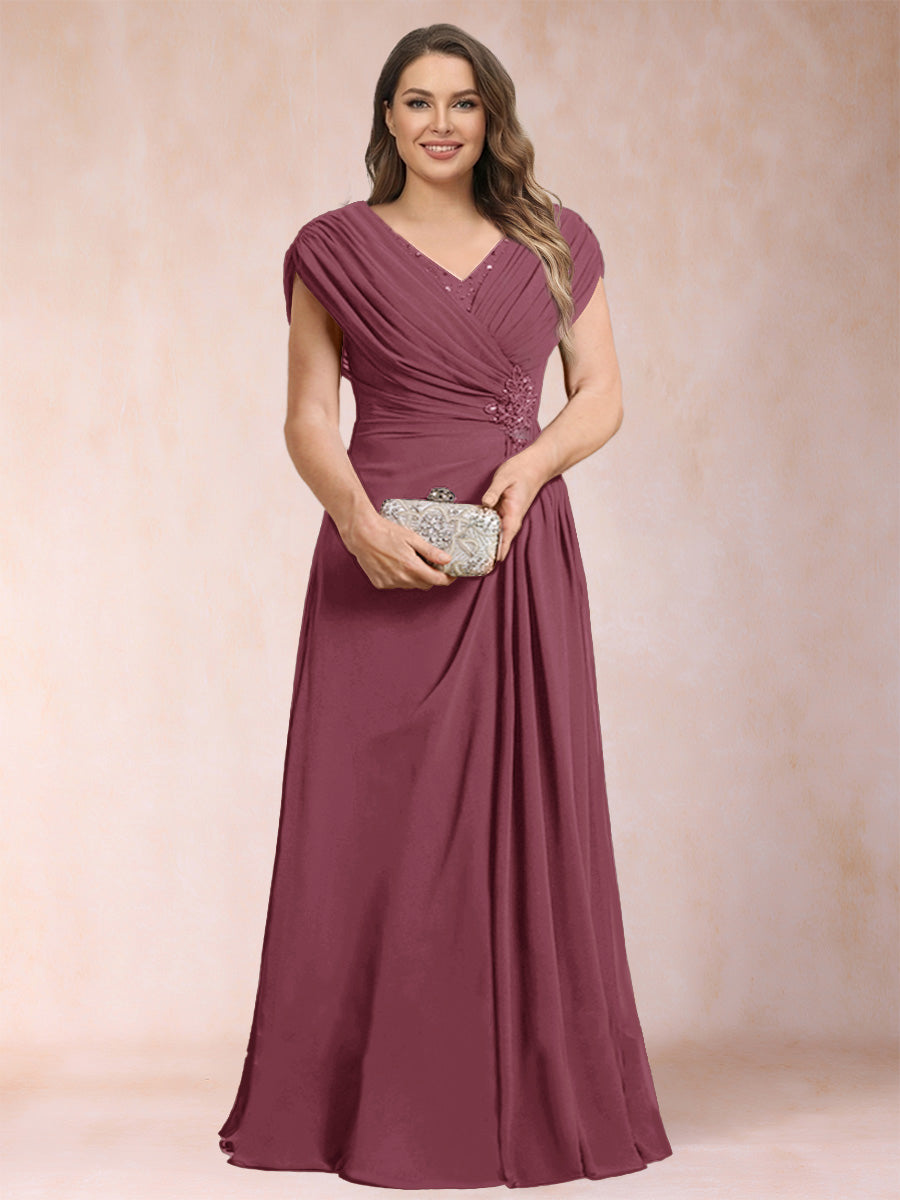 A-Line/Princess V-Neck Chiffon Ruched Plus Size Mother of the Bride Dresses with Appliques &amp; Beading