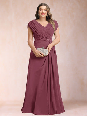 A-Line/Princess V-Neck Chiffon Ruched Plus Size Mother of the Bride Dresses with Appliques & Beading