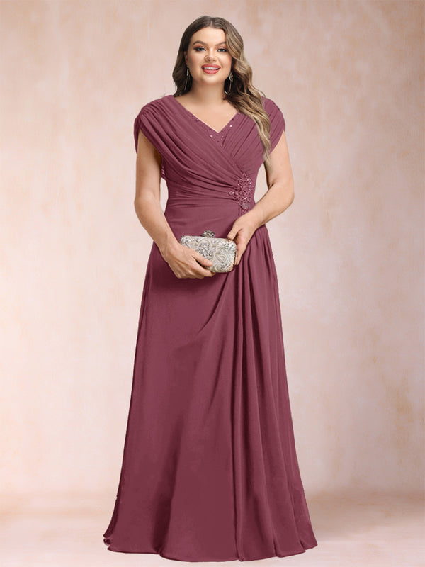A-Line/Princess V-Neck Chiffon Ruched Plus Size Mother of the Bride Dresses with Appliques & Beading