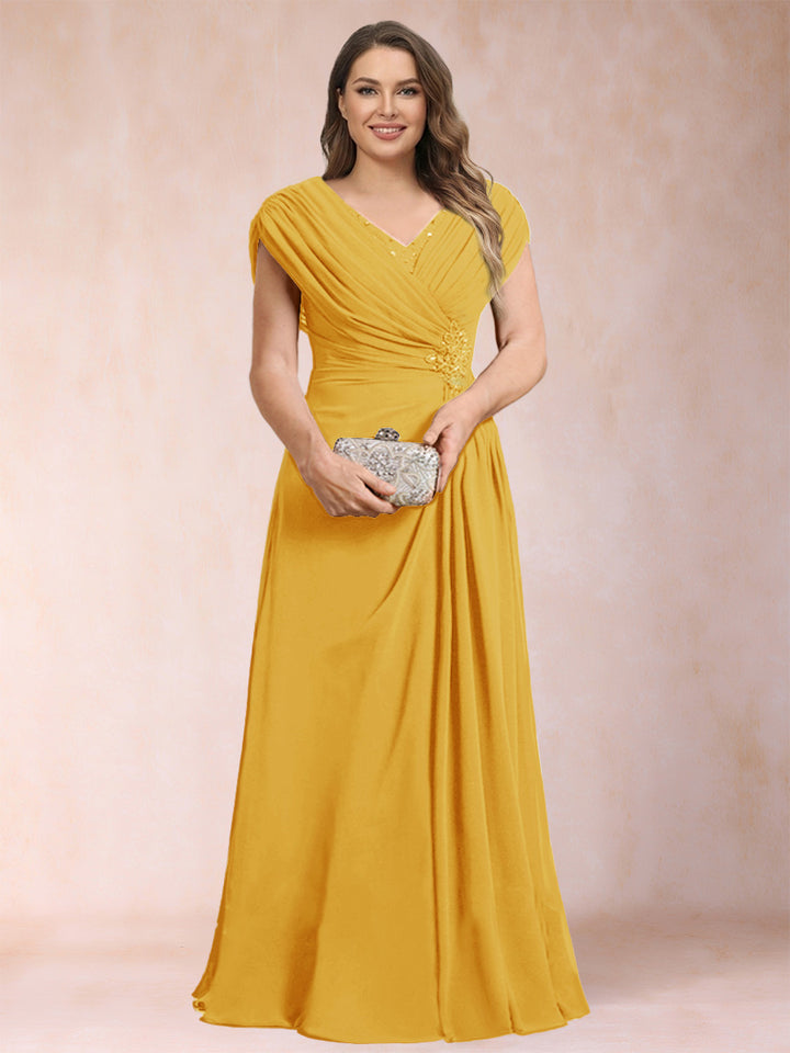 A-Line/Princess V-Neck Chiffon Ruched Plus Size Mother of the Bride Dresses with Appliques &amp; Beading