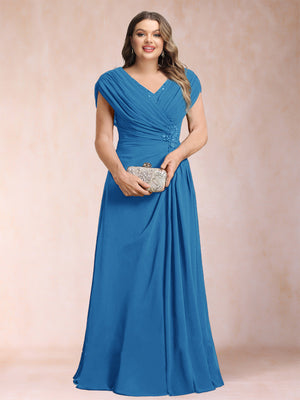 A-Line/Princess V-Neck Chiffon Ruched Plus Size Mother of the Bride Dresses with Appliques & Beading