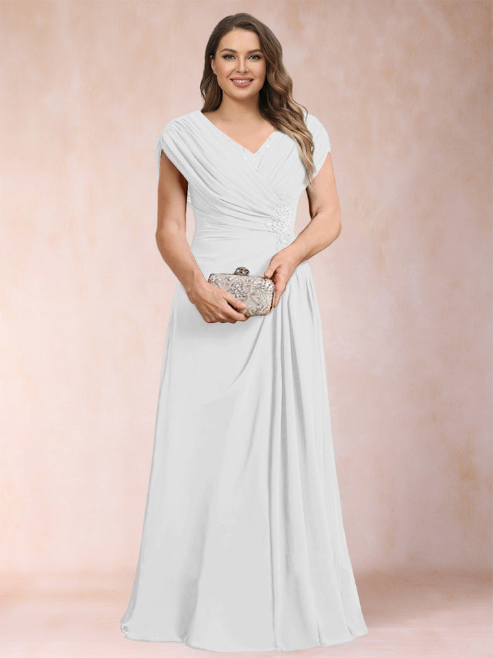 A-Line/Princess V-Neck Chiffon Ruched Plus Size Mother of the Bride Dresses with Appliques &amp; Beading