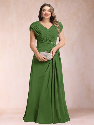 A-Line/Princess V-Neck Chiffon Ruched Plus Size Mother of the Bride Dresses with Appliques & Beading