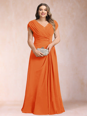 A-Line/Princess V-Neck Chiffon Ruched Plus Size Mother of the Bride Dresses with Appliques & Beading
