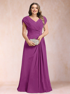 A-Line/Princess V-Neck Chiffon Ruched Plus Size Mother of the Bride Dresses with Appliques & Beading