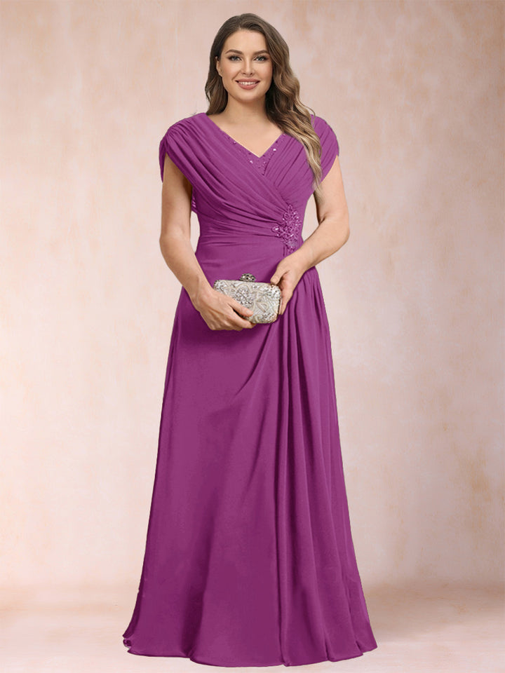 A-Line/Princess V-Neck Chiffon Ruched Plus Size Mother of the Bride Dresses with Appliques &amp; Beading