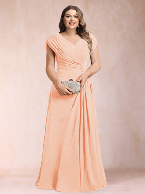 A-Line/Princess V-Neck Chiffon Ruched Plus Size Mother of the Bride Dresses with Appliques & Beading