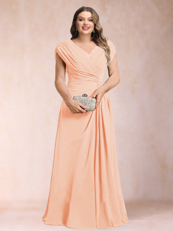 A-Line/Princess V-Neck Chiffon Ruched Plus Size Mother of the Bride Dresses with Appliques & Beading