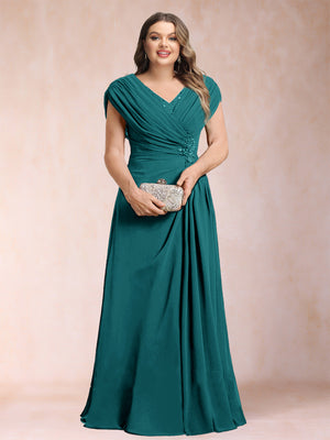 A-Line/Princess V-Neck Chiffon Ruched Plus Size Mother of the Bride Dresses with Appliques & Beading