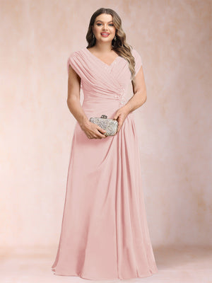 A-Line/Princess V-Neck Chiffon Ruched Plus Size Mother of the Bride Dresses with Appliques & Beading