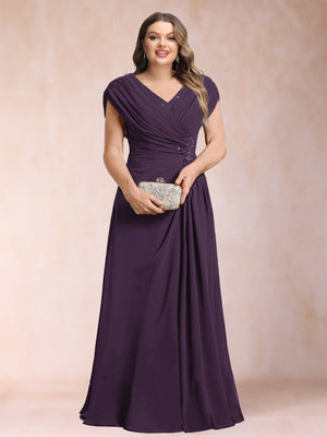 A-Line/Princess V-Neck Chiffon Ruched Plus Size Mother of the Bride Dresses with Appliques & Beading