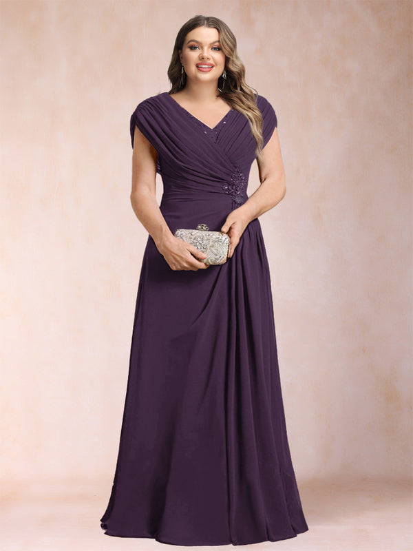 A-Line/Princess V-Neck Chiffon Ruched Plus Size Mother of the Bride Dresses with Appliques & Beading