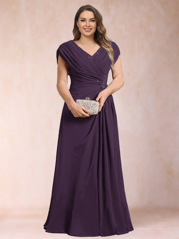 A-Line/Princess V-Neck Chiffon Ruched Plus Size Mother of the Bride Dresses with Appliques &amp; Beading