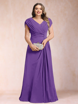 A-Line/Princess V-Neck Chiffon Ruched Plus Size Mother of the Bride Dresses with Appliques & Beading