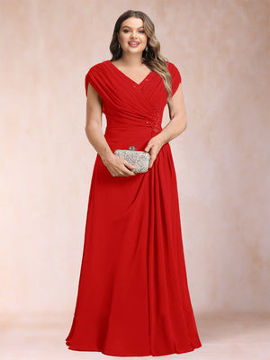 A-Line/Princess V-Neck Chiffon Ruched Plus Size Mother of the Bride Dresses with Appliques & Beading